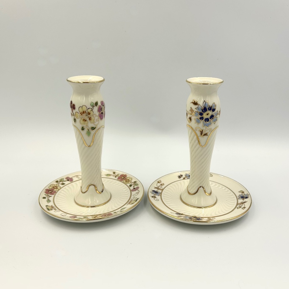 2 Zsolnay Hungary Hand Painted Porcelain Taper Candle Holders Floral Butterfly